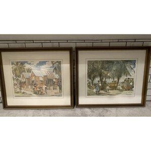 Vintage Jill Walker Barbados Prints Lower Carlton Oistins Framed Art Pair